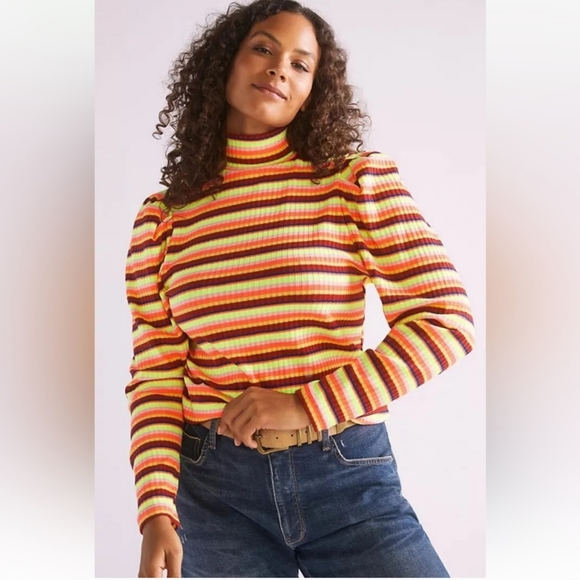 NWT Anthropologie Retro Striped Turtleneck Long Sleeve - Picture 1 of 11